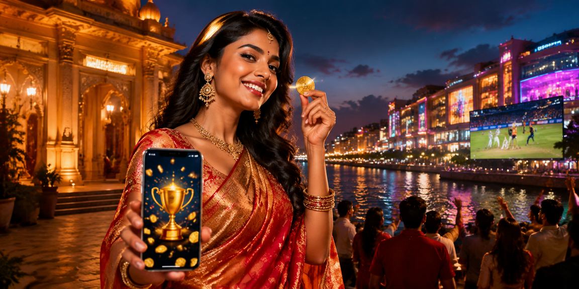 Indian woman enjoying mobile casino games in traditional saree